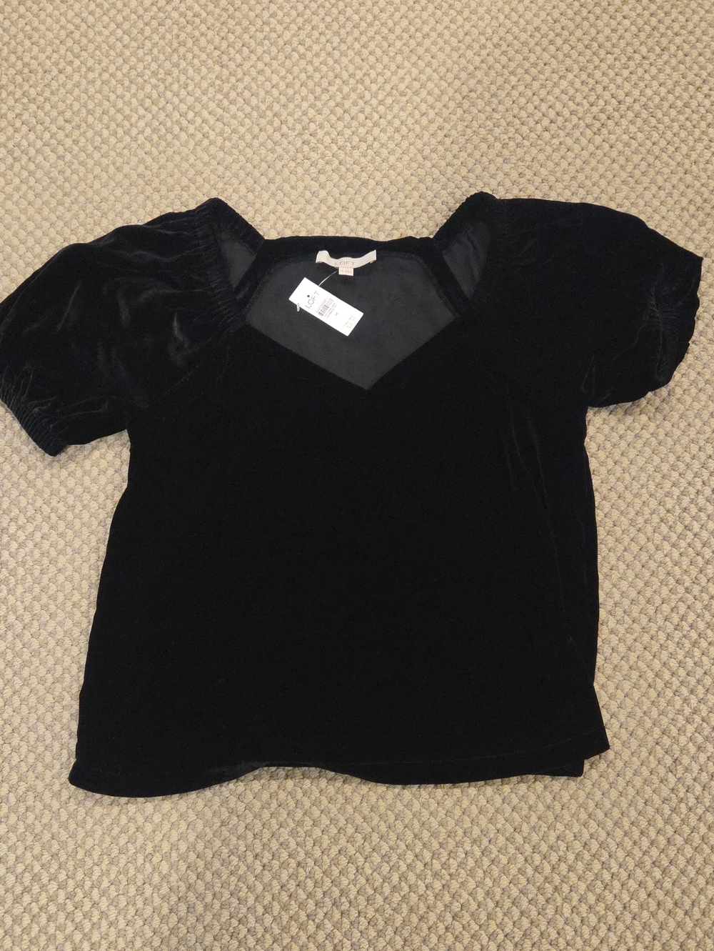 LOFT Black Velvet V-Neck Puff-Sleeve Top